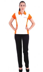 Baby Look Polo Feminina com Recortes Laranja com Branco